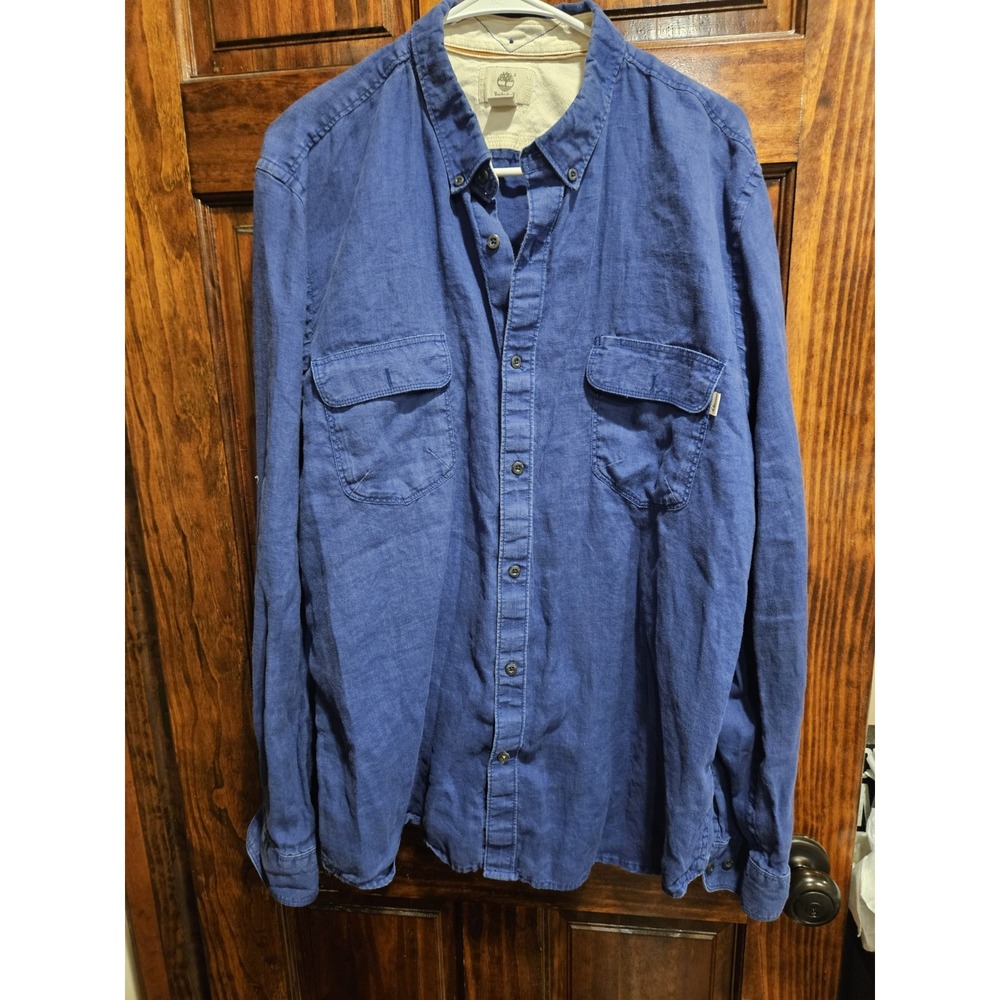 Timberland Mens XXL Slim Fit 100% Linen Denim Look Button Up Shirt Blue TB0A149C